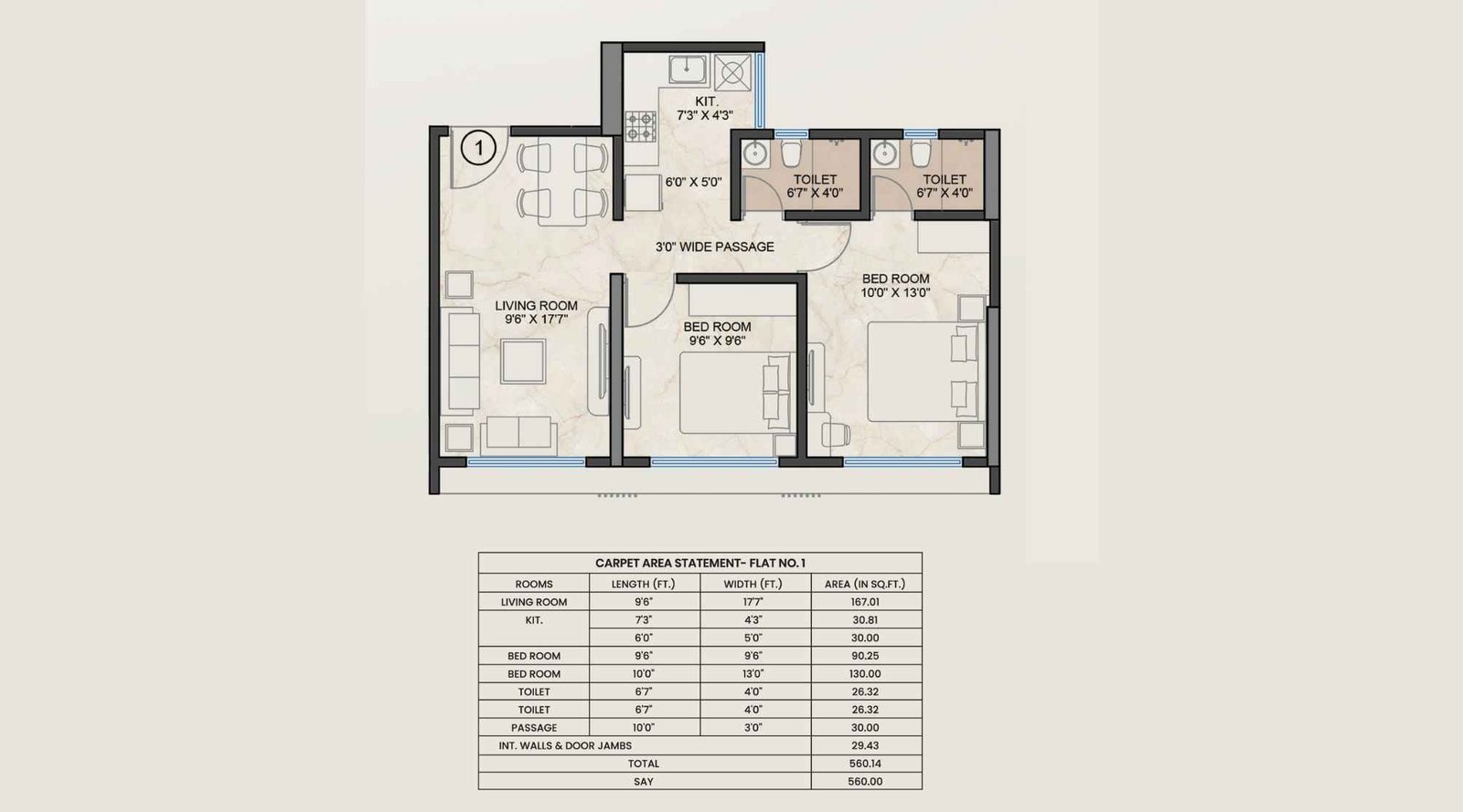 Platinum Crest-Unit-Plan-560-Sqft-2-BHK